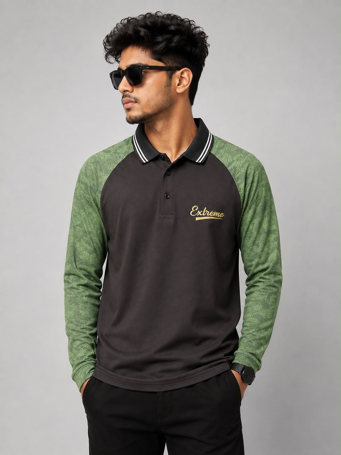 Men's Full Sleeve Raglan Polo Jersey – Black & Green